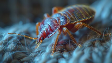 Close-up of a bed bug resting on textured fabric in a home environment at night