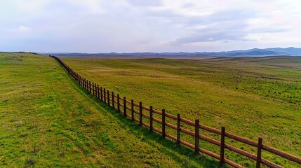 Fototapeta premium A vast green landscape with a wooden fence stretching across the horizon under a cloudy sky, perfect for nature and scenery themes.