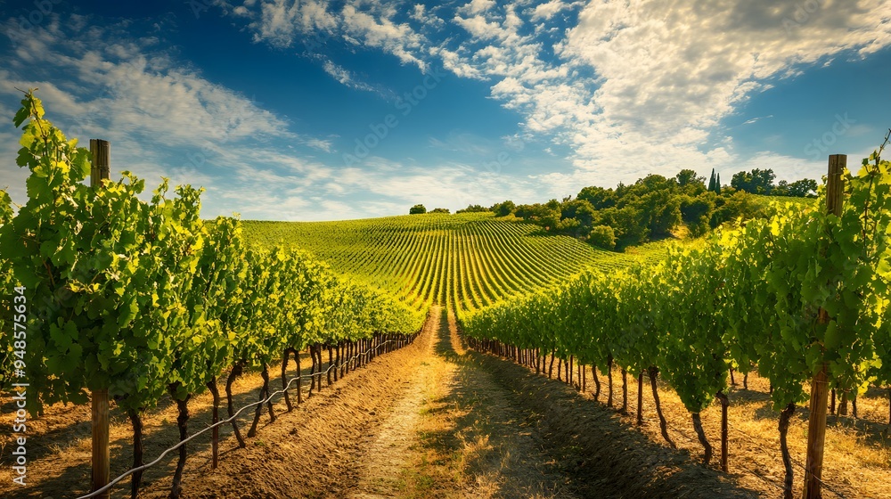 Poster 186. **a view of a vineyard with rows of grapevines and a sunny sky.