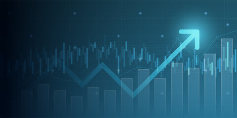 financial graph with uptrend line arrow and bar chart of stock market on blue color background