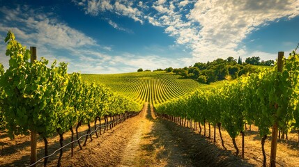 Naklejka premium 186. **A view of a vineyard with rows of grapevines and a sunny sky.