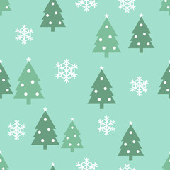 New year seamless pattern with Christmas tree and snowflakes on green background vector.