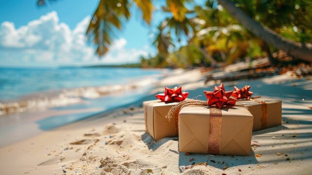 Festive gifts and presents on a tropical beach for a unique Christmas holiday vacation - Powered by Adobe