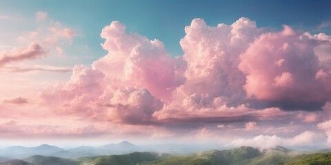 A serene landscape featuring fluffy pink clouds and a pastel sky.