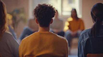 Group Listening in Circle with Focus on Speaker's Back View