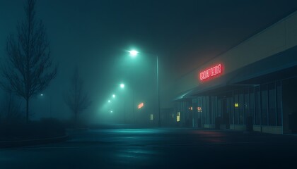 Foggy Night at Empty Shopping Plaza with Faint Neon Signs and Eerie Atmosphere, Photo Realistic