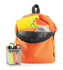 Backpack with different school stationery isolated on white