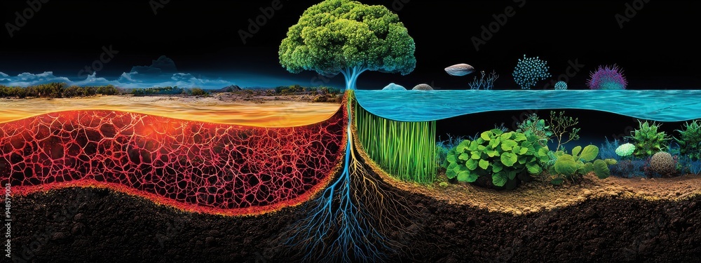 Poster a visualization of the nitrogen cycle, where microorganisms convert nitrogen into various forms that