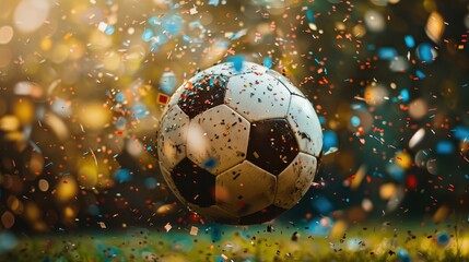 Soccer ball surrounded by colorful confetti during a winning celebration in a lively atmosphere