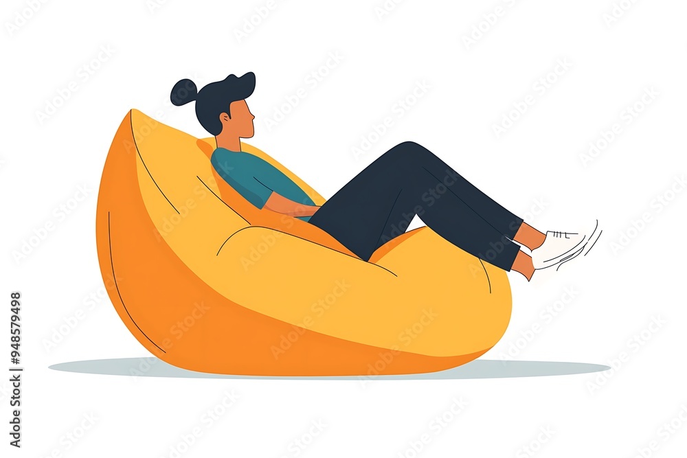 Poster minimalistic side view vector illustration of person lounging on bean bag in simple art style on whi