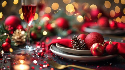 Festive Christmas table set with red decor and sparkling lights for the holidays