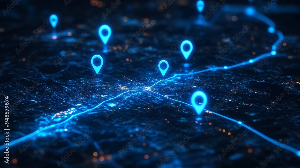 Poster Blue Glowing Location Pins with Dynamic Path Lines on Dark Background