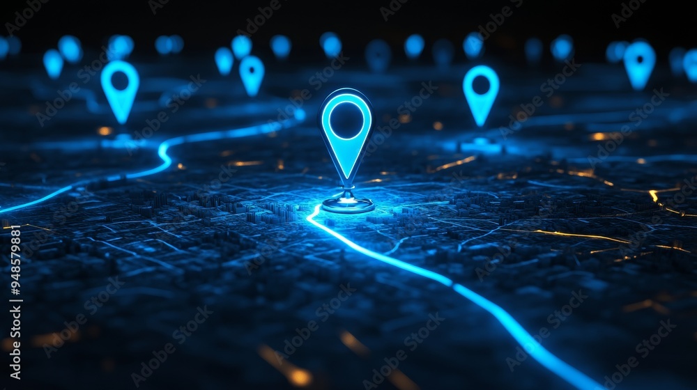 Poster Blue Glowing Location Pins with Dynamic Path Lines on Dark Background