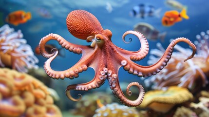 Fototapeta premium A vibrant octopus gracefully swims among colorful corals and tropical fish in a stunning underwater paradise