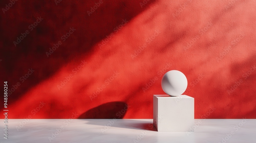 Poster a stark white sphere resting on a clean white cube, dramatically shadowed against a rich red backgro