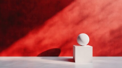 A stark white sphere resting on a clean white cube, dramatically shadowed against a rich red background, presenting a bold and abstract visual composition.