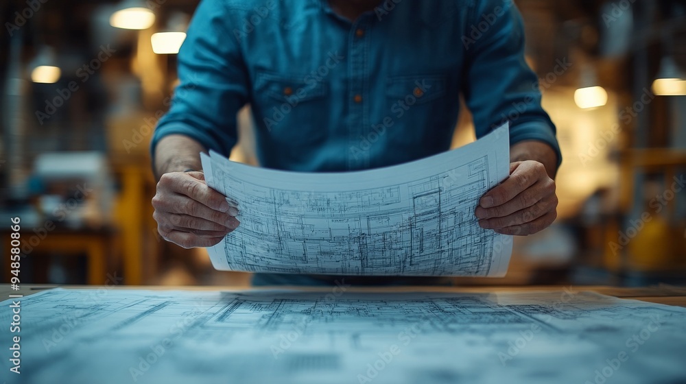 Poster blueprint focus: a craftsman meticulously reviews blueprints in a dimly lit workshop, the focus on t