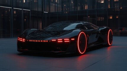 A sleek black futuristic sports car with striking red neon lights, showcased in a modern urban environment, highlighting advanced automotive technology and design.