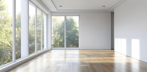 Obraz premium Empty High Ceiling Room with White Big Windows, Wooden Floor and White Walls interior design mock up
