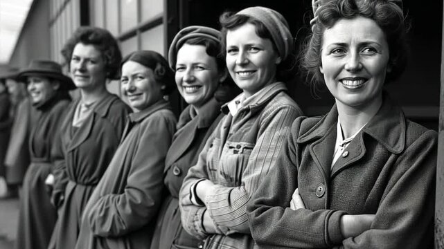 1940s Female smiling Factory Workers in Line