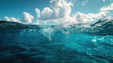 Obraz premium Underwater view of turquoise ocean water with bubbles and blue sky.
