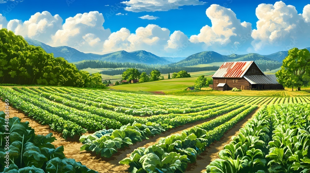 Poster 180. **a view of a farm with a large field of fresh vegetables and a rustic barn.