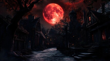 Unsettling Moonlit Path Through Haunting Gothic Town