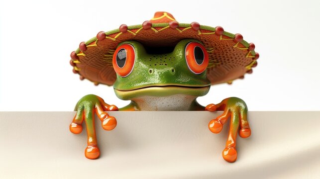 Cute Mexican frog in a sombrero holding a blank advertising banner for outdoor events