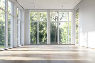 Obraz premium Empty High Ceiling Room with White Big Windows, Wooden Floor and White Walls interior design mock up