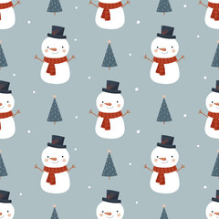Seamless vector pattern with funny snowmen and Christmas trees. Winter seamless background in flat cartoon style.