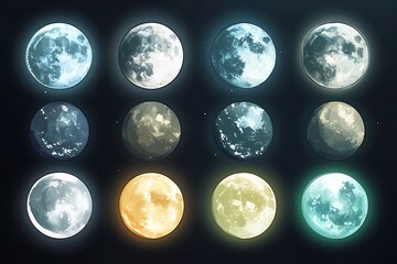 Obraz premium Moon Icons in Fantasy Game Style: Celestial Elements in High-Quality Cartoon Art with Soft Glow Effects