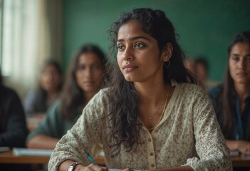 Confident Indian female student in classroom surrounded by peers, attentively listening during a university lecture