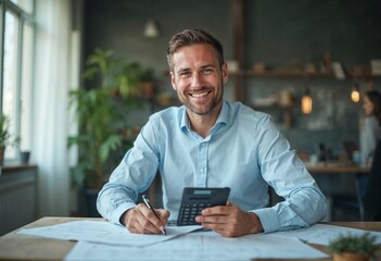 Smiling businessman at his desk with calculator, reviewing contracts and financial reports in a modern office