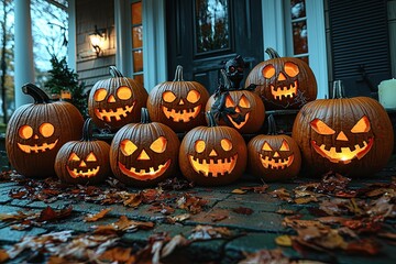 Obraz premium Halloween pumpkins in front of a house with candles and leaves