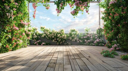 A large terrace with light-colored wooden flooring, decorated with green plants and flowers on the side