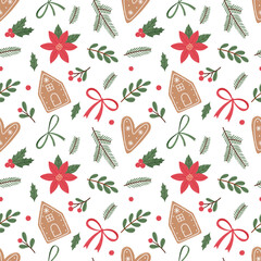 Gingerbread seamless pattern. Festive background with cookies, candies, leaves and berries.