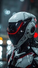 Fototapeta premium Cyberpunk Rain-Soaked Figure in a Futuristic Helmet