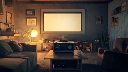 A cozy home theater setup with a vintage movie projector and muted tones