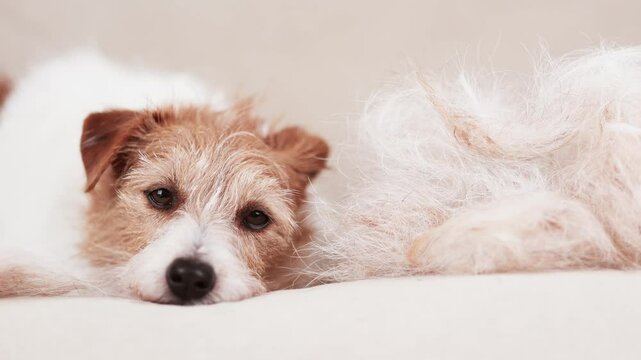 Face of a fluffy jack russell terrier dog as rests with her hair after trimming. Pet care and groom.