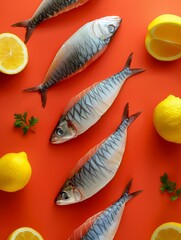 Fresh Fish with Lemon Slices on Orange Background