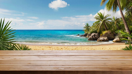 Empty wooden table and palm leaves and beach blurred background in summer time, Generative AI.