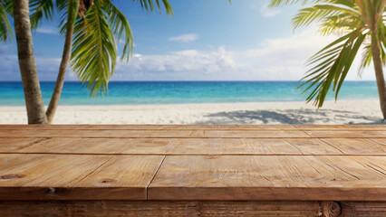 Empty wooden table and palm leaves and beach blurred background in summer time, Generative AI.