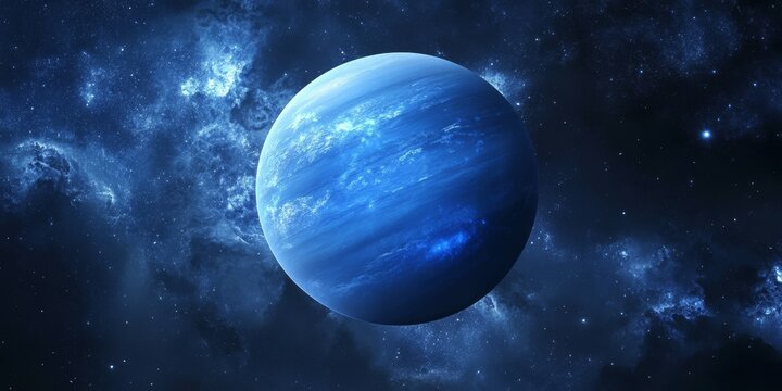 Take a journey to explore the breathtaking beauty of Neptune, the distant blue planet located within our vast solar system, set against the endless backdrop of a mesmerizing starry universe