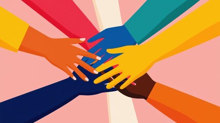 Global teamwork, diverse individuals working together for inclusion and empowerment, flat design illustration