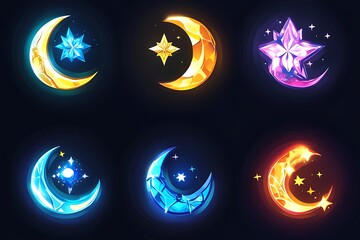 Glowing Moonstone Icons: Celestial Fantasy Game Art with Radiant Light Effects