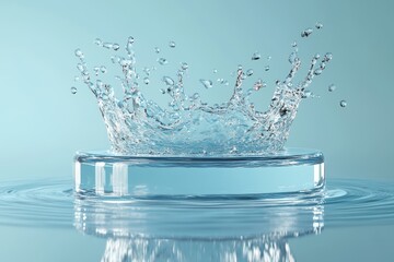 Transparent Glass Round Podium And Water Splash. Minimalist. Minimal. Copy Space. Nature Banner. Wallpaper