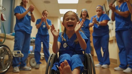 Fototapeta premium A young girl in blue scrubs, sitting in her wheelchair being celebrated in the style of medical staff clapping and smiling at the hospital with doctors standing behind them.