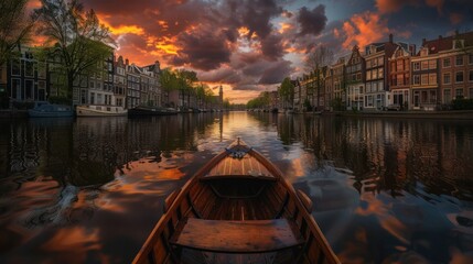 Obraz premium Amsterdam's canals are lined with tall, unique narrow houses. Each house has unique architectural details.