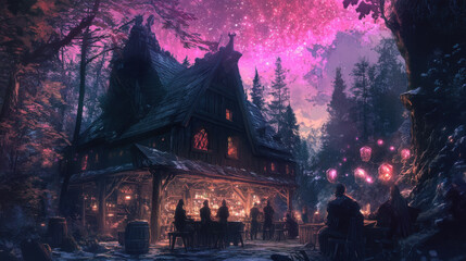 Obraz premium Spooky tavern in a forest with eerie features, pink auroras overhead, dark elf patrons,