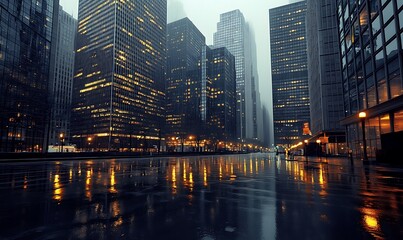 Fototapeta premium Rainy Evening at Empty Business District with Wet Streets and Towering Skyscrapers, Quiet and Reflective Atmosphere, Photo Realistic